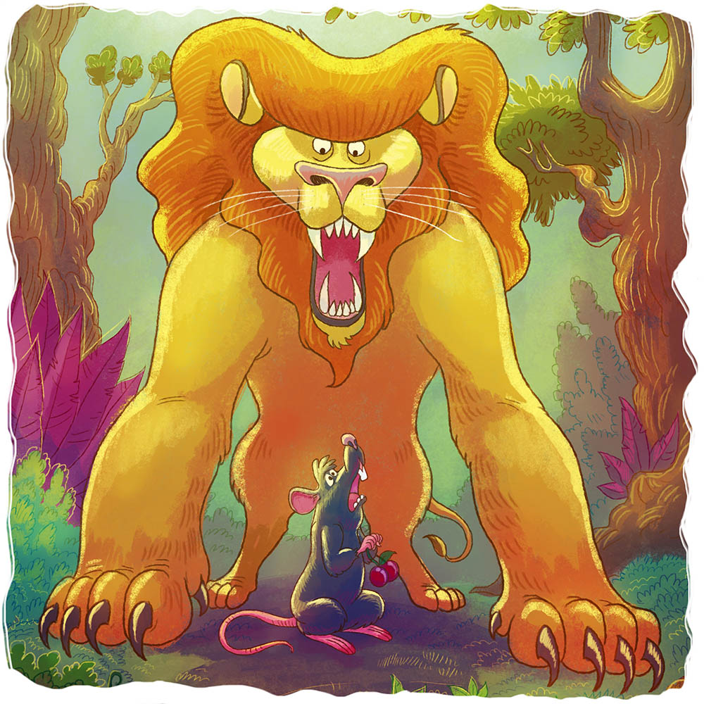 O Leão Leônidas segurando o rato Honorato entre as suas patas.