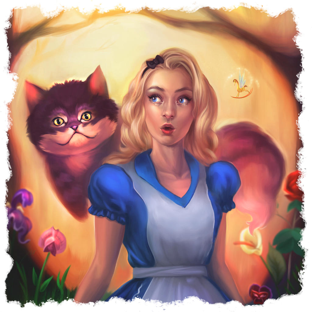 Alice espantada pela presença de um estranho gato sorridente.